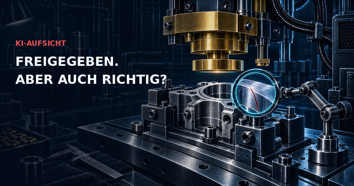 Dunkler technischer Prüfplatz: Messing-Freigabepresse über einem fehlerhaften Bauteil, geprüft durch eine cyanfarbene Linse. Text: KI-AUFSICHT — FREIGEGEBEN. ABER AUCH RICHTIG?
