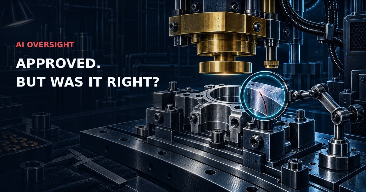 Dark technical inspection workbench: a brass approval press above a flawed component, inspected through a cyan lens. Text: AI OVERSIGHT — APPROVED. BUT WAS IT RIGHT?