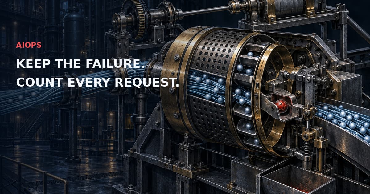 Dark industrial trace-sorting drum retains a red damaged specimen while a separate counting mechanism bypasses the gate. Text: AIOPS — KEEP THE FAILURE. COUNT EVERY REQUEST.