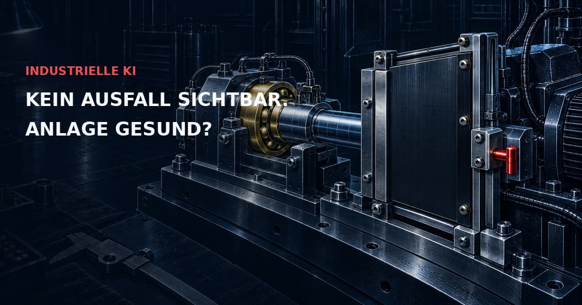 Industrieller Lagerprüfstand mit Beobachtungsschieber. INDUSTRIELLE KI — KEIN AUSFALL SICHTBAR. ANLAGE GESUND?