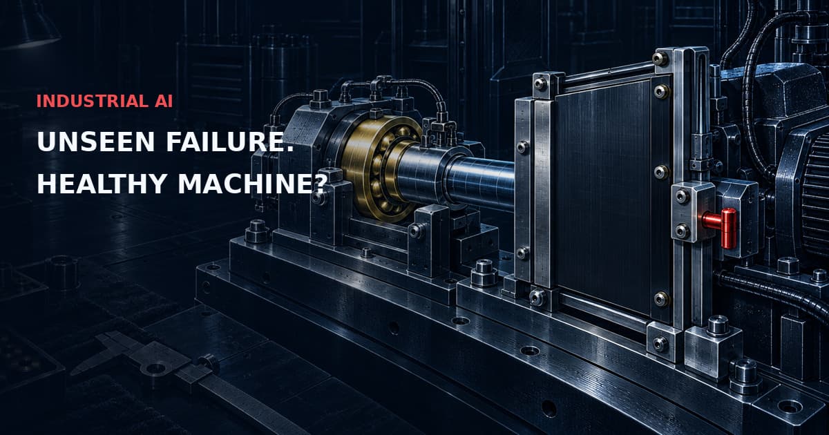 Industrial bearing test rig with an observation shutter. INDUSTRIAL AI — UNSEEN FAILURE. HEALTHY MACHINE?