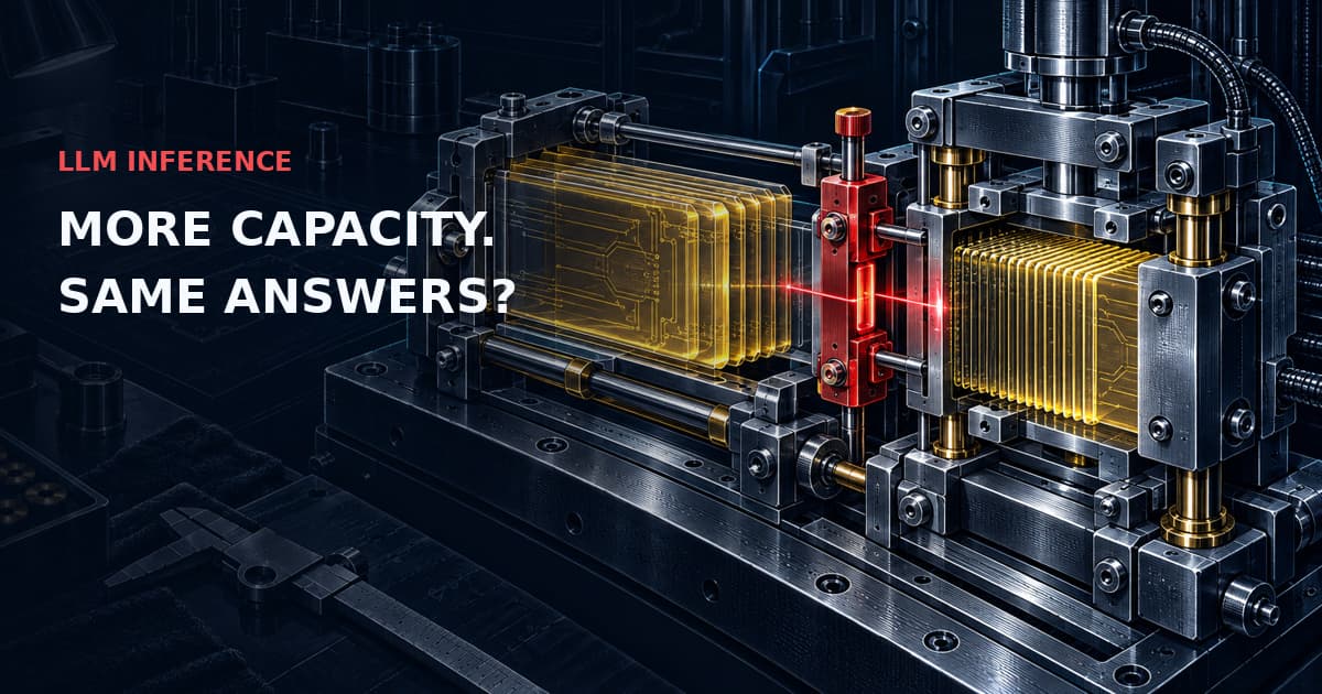 Precision memory-wafer compression fixture with a red quality interlock. LLM INFERENCE — MORE CAPACITY. SAME ANSWERS?