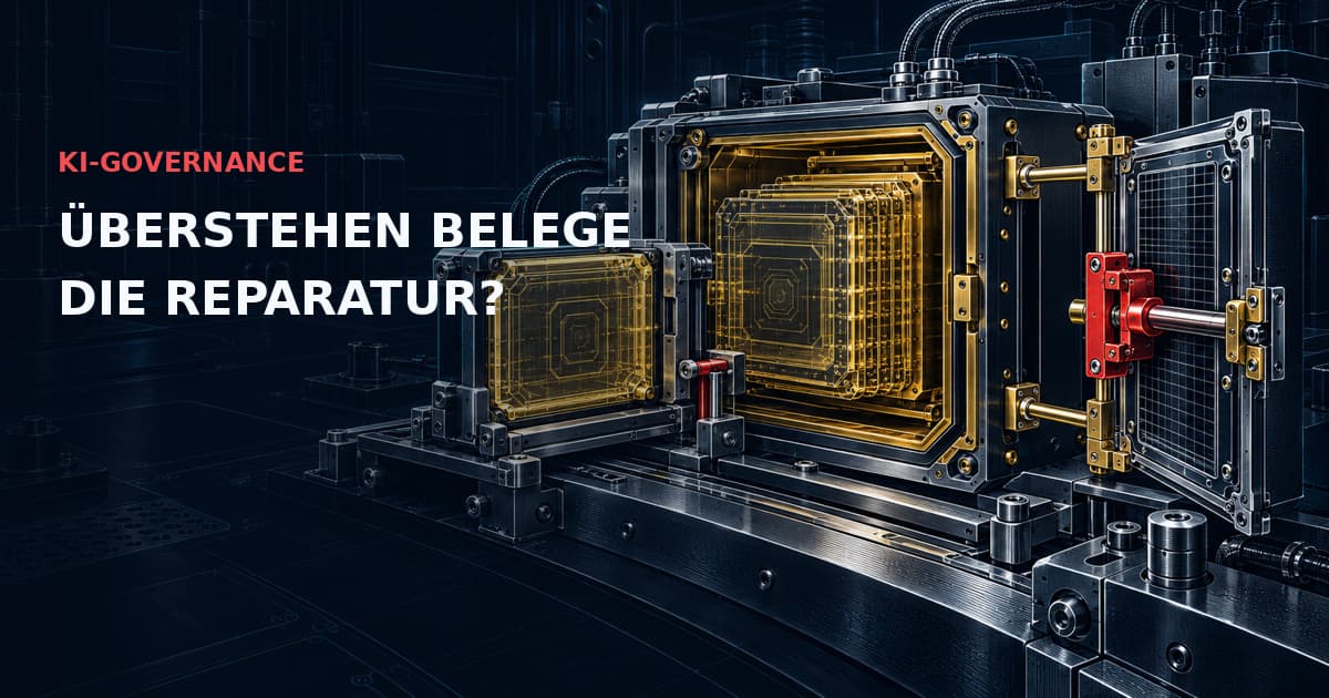 Versiegelte Nachweiskassette und separate Arbeitskopie mit roter Manipulationssperre. KI-GOVERNANCE — ÜBERSTEHEN BELEGE DIE REPARATUR?