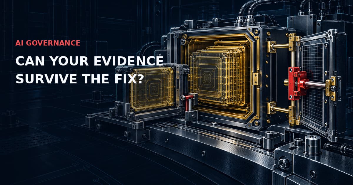 Sealed forensic evidence cartridge and separate working copy with red tamper interlock. AI GOVERNANCE — CAN YOUR EVIDENCE SURVIVE THE FIX?