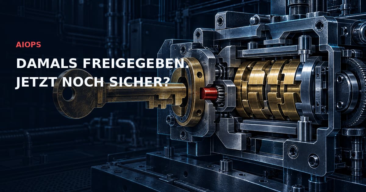 Alter Freigabeschlüssel aus Messing an einer roten Sperre vor verändertem Zielschloss. AIOPS — DAMALS FREIGEGEBEN. JETZT NOCH SICHER?