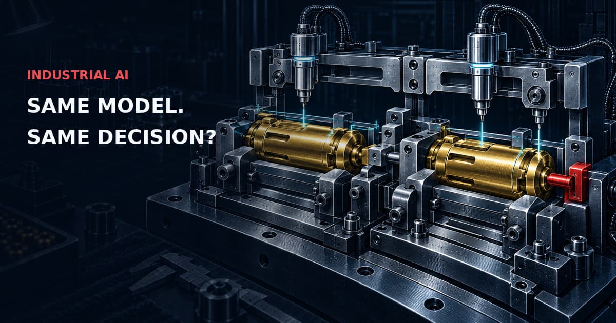 Twin brass model cartridges under a precision comparator; a red interlock holds release. INDUSTRIAL AI — SAME MODEL. SAME DECISION?