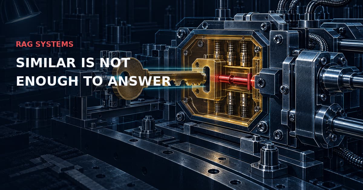 Brass evidence key held at a precision answer gate by a red interlock. RAG SYSTEMS — SIMILAR IS NOT ENOUGH TO ANSWER.