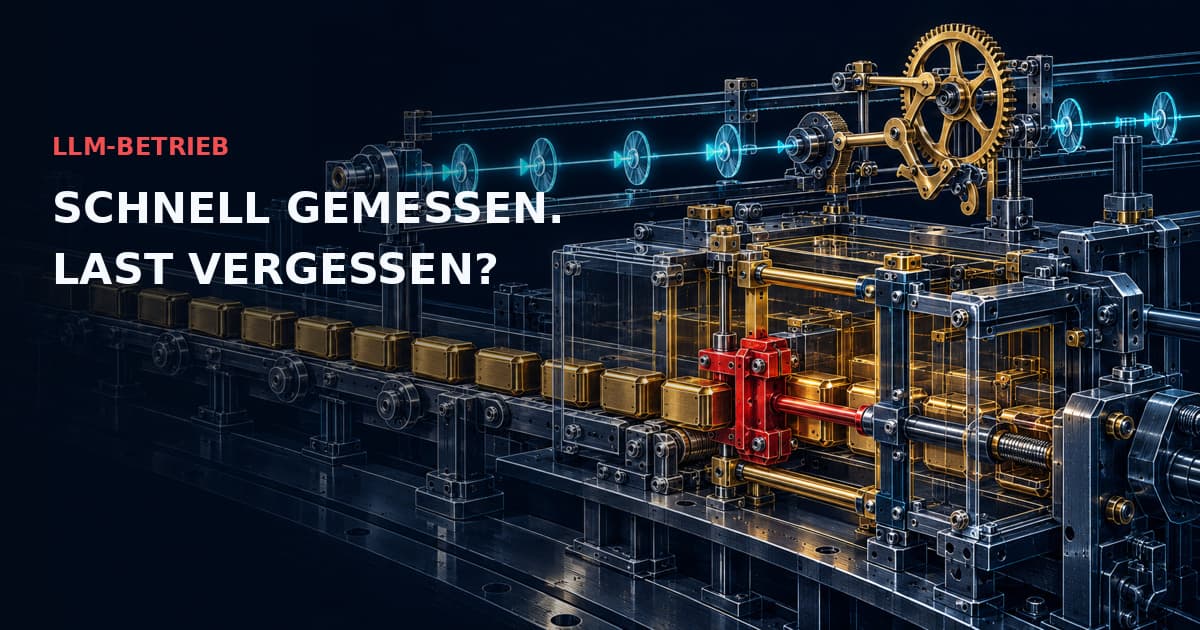 Industrieller Dosierförderer an einer roten Sperre, während eine unabhängige cyanfarbene Zeitschiene weiterläuft. LLM-BETRIEB — SCHNELL GEMESSEN. LAST VERGESSEN?