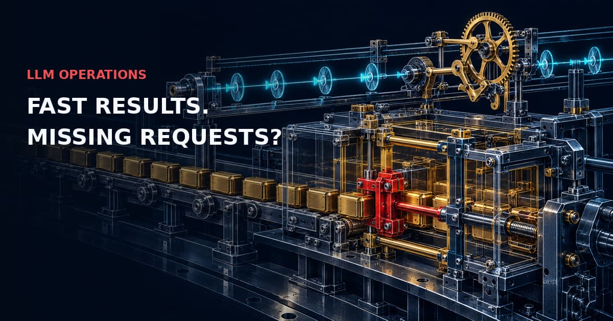 Industrial metering conveyor held at a red interlock while an independent cyan timing rail continues. LLM OPERATIONS — FAST RESULTS. MISSING REQUESTS?