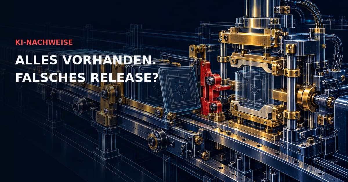 Präzisionspresse mit versetzten Nachweisplatten an einer roten Sperre. KI-NACHWEISE — ALLES VORHANDEN. FALSCHES RELEASE?