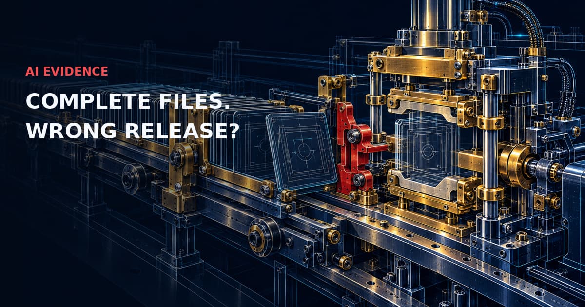 Precision evidence-matching press with misaligned document plates stopped by a red interlock. AI EVIDENCE — COMPLETE FILES. WRONG RELEASE?