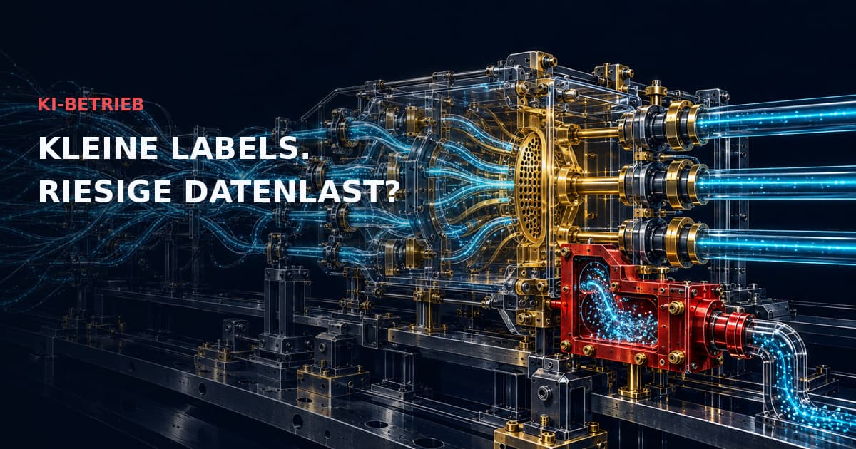 Detaillierter industrieller Verteiler bündelt viele cyanfarbene Ströme in begrenzte Leitungen mit roter Überlaufkammer. KI-BETRIEB — KLEINE LABELS. RIESIGE DATENLAST?