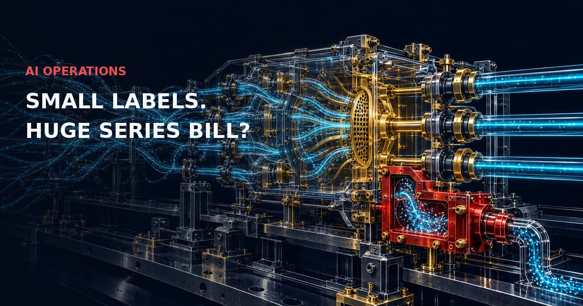 Detailed industrial manifold channels many cyan streams into bounded conduits with a red overflow chamber. AI OPERATIONS — SMALL LABELS. HUGE SERIES BILL?