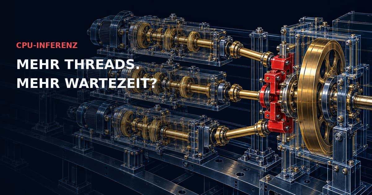 Drei detaillierte mechanische Antriebe konkurrieren über eine rote Verriegelung um ein gemeinsames Schwungrad. CPU-INFERENZ — MEHR THREADS. MEHR WARTEZEIT?