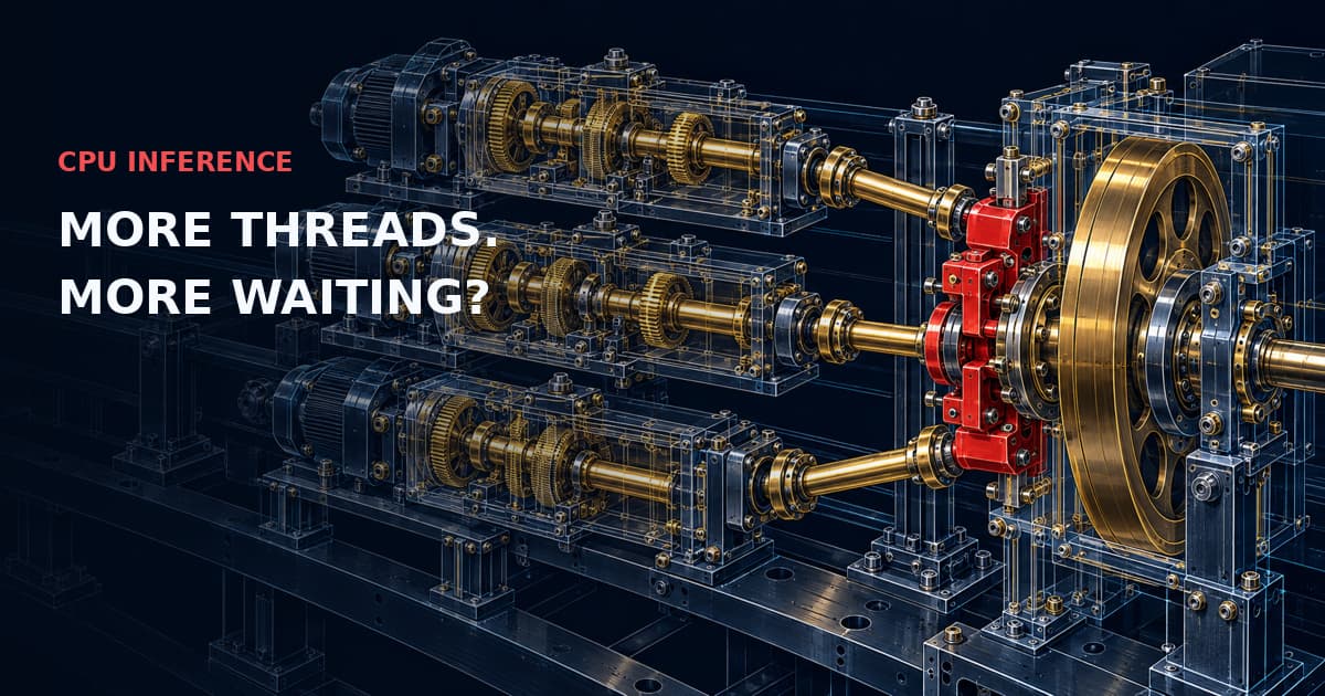 Three detailed mechanical drive trains compete for one shared flywheel through a red interlock. CPU INFERENCE — MORE THREADS. MORE WAITING?