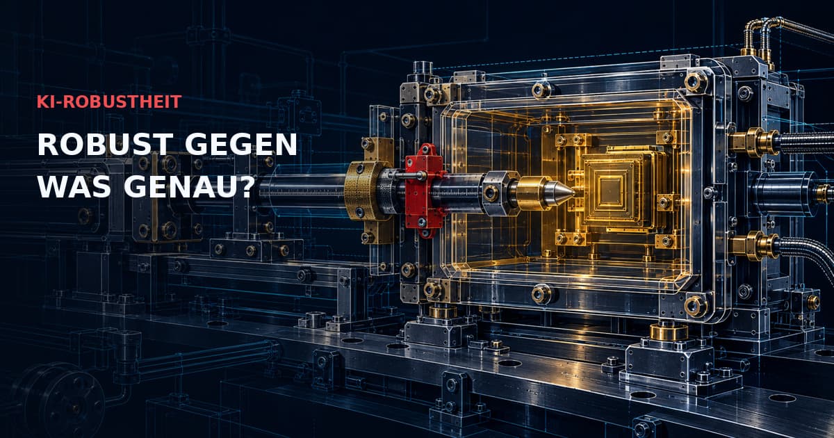 Eine kalibrierte Prüfsonde trifft auf eine rote Wegbegrenzung vor einem eingeschlossenen goldenen Bauteil. KI-ROBUSTHEIT — ROBUST GEGEN WAS GENAU?