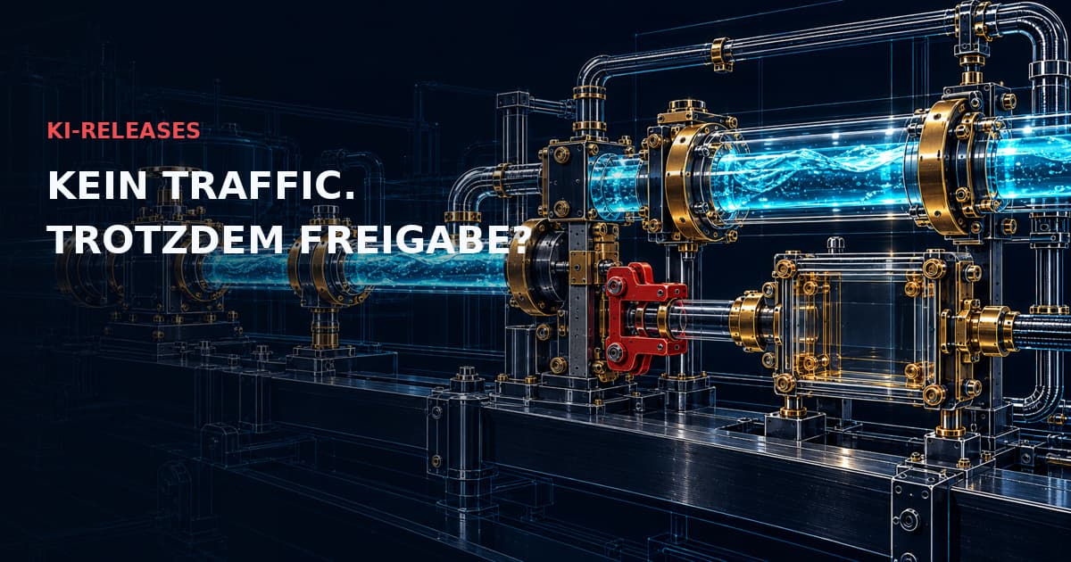 Ein cyanfarbener Hauptstrom umgeht eine leere Prüfkammer hinter einer roten mechanischen Sperre. KI-RELEASES — KEIN TRAFFIC. TROTZDEM FREIGABE?