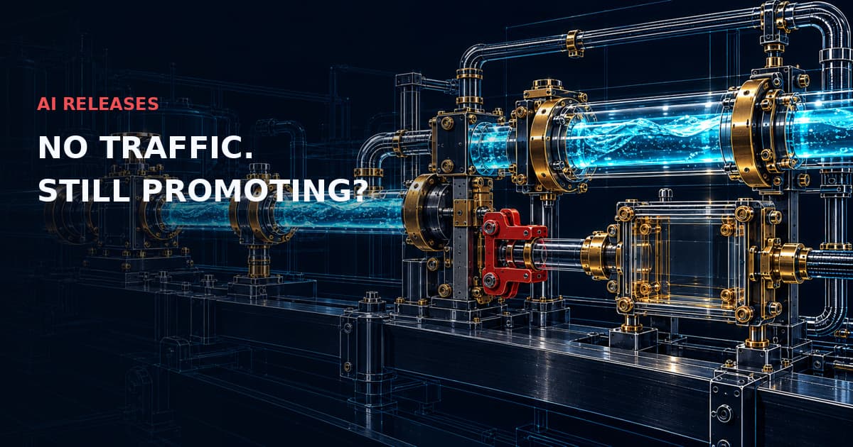 A cyan main flow bypasses an empty test chamber held behind a red mechanical interlock. AI RELEASES — NO TRAFFIC. STILL PROMOTING?