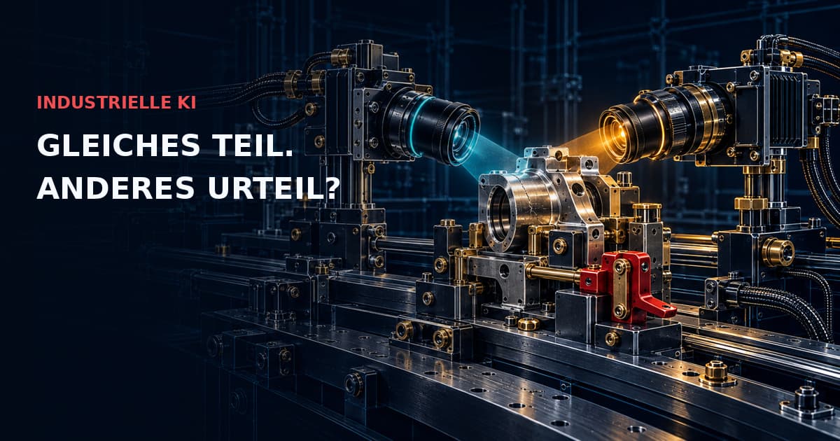 Zwei optische Prüfköpfe betrachten dasselbe Bauteil in einer roten Halterung. INDUSTRIELLE KI — GLEICHES TEIL. ANDERES URTEIL?