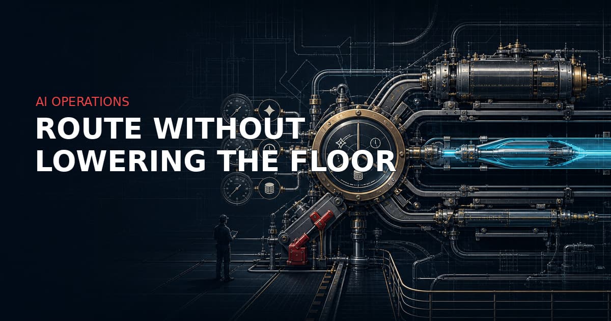 Production model-routing manifold: a quality, latency and cost decision chamber with a red quality-floor interlock.