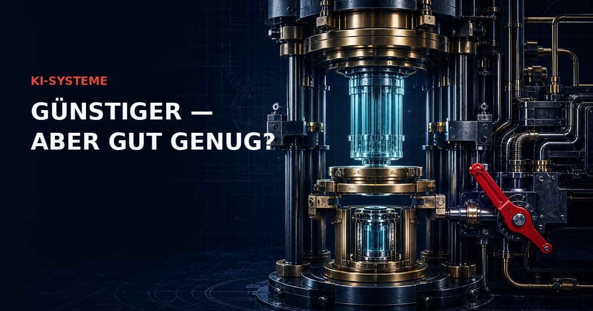 Industrielle Präzisionspresse verdichtet eine cyanfarbene Modellkapsel durch goldene Qualitätsringe; ein roter Interlock blockiert eine nicht validierte Inferenzfreigabe.
