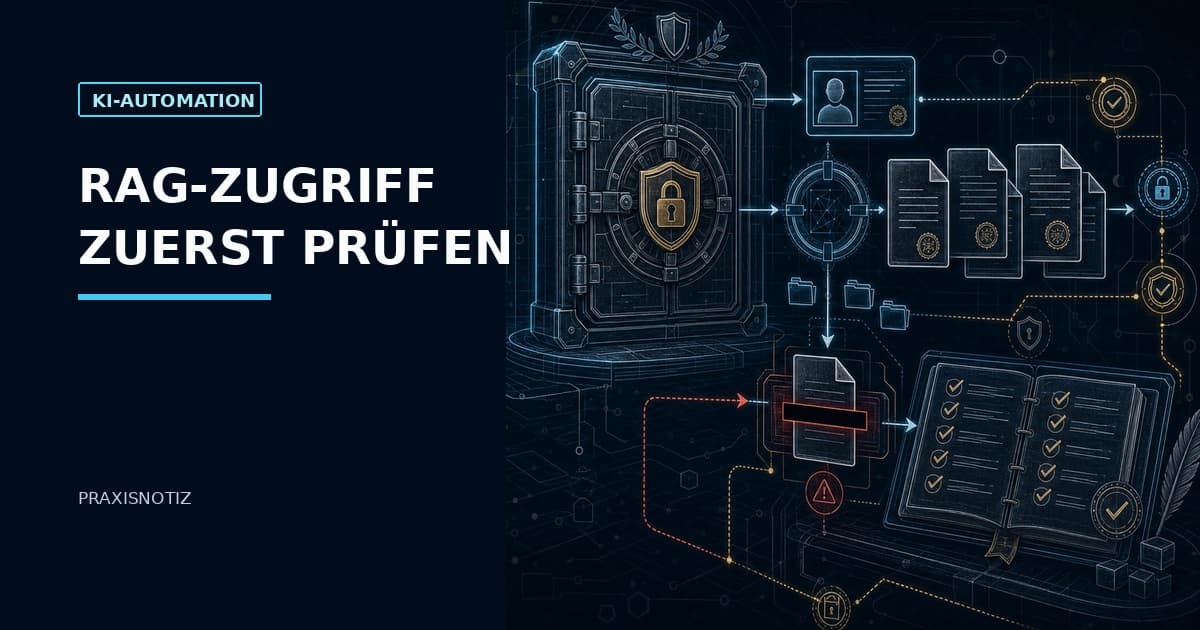 Technisches RAG-Zugriffskontrollsystem: Berechtigungsidentität, geschütztes Retrieval-Tor, Dokumentenkontrolle, Schwärzung und Audit-Nachweise.