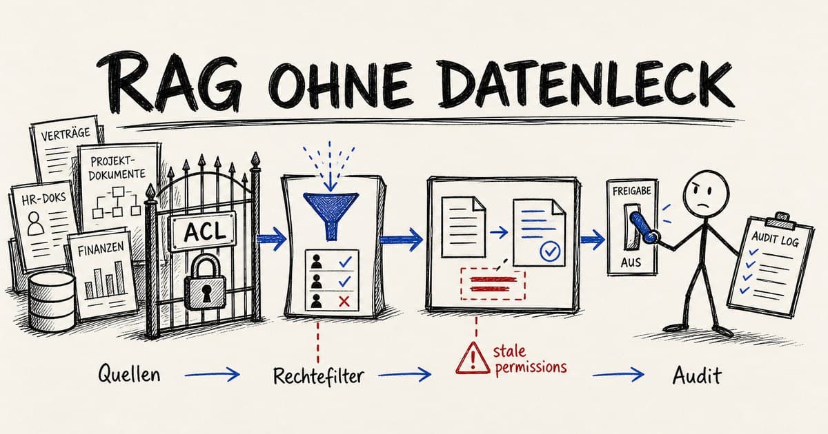Hand-drawn infographic showing permission filtering, redaction, and audit logging for secure enterprise RAG knowledge bases.