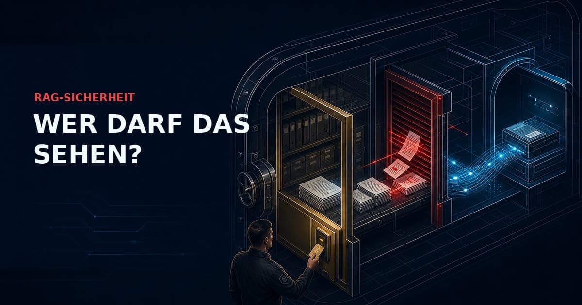 Enterprise-RAG-Sicherheitskontrollen: Ein Operator führt autorisiertes Wissen durch ein goldenes Zugriffstor, einen roten Quarantäneverschluss und einen cyanfarbenen Audit-Trail.