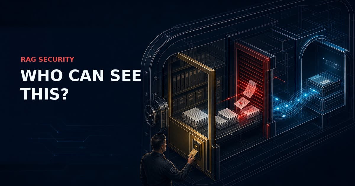 Enterprise RAG security controls: an operator passes authorized knowledge through a gold access gate, a red quarantine shutter and a cyan audit trail.