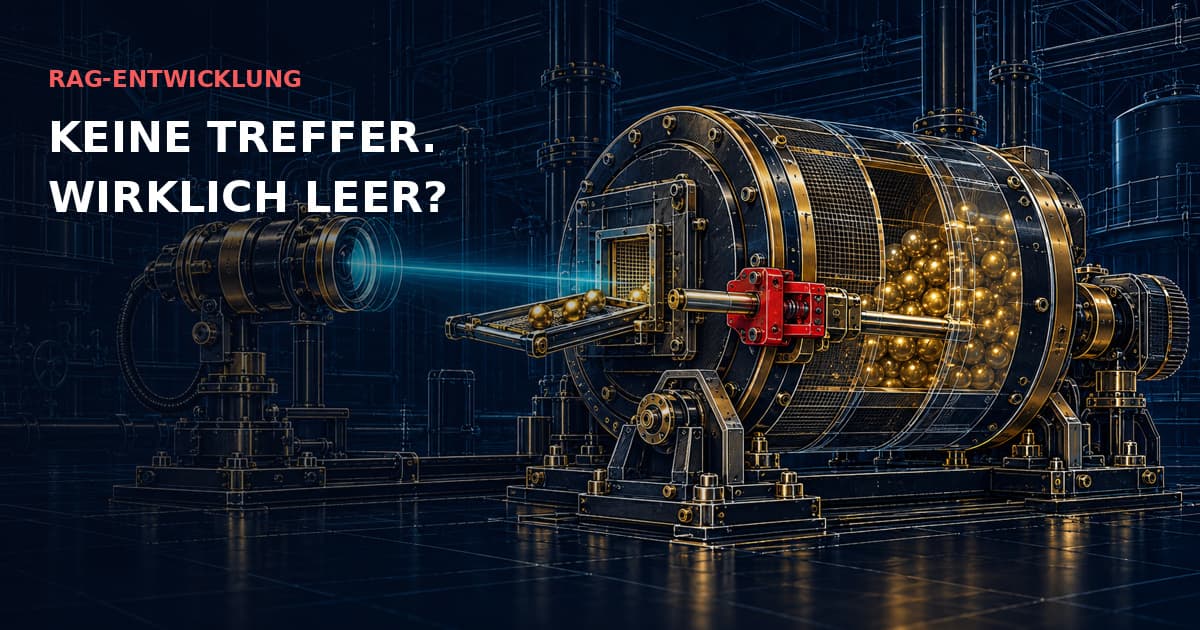 Industrielle Probentrommel mit verbliebenen goldenen Kugeln, cyanfarbener Prüflinse und rotem Begrenzer. RAG-ENTWICKLUNG — KEINE TREFFER. WIRKLICH LEER?