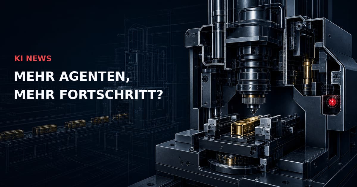Dunkle technische Illustration goldener Experimentkartuschen in einer detaillierten Prüfvorrichtung mit roter Verriegelungsanzeige. Text: KI NEWS — MEHR AGENTEN, MEHR FORTSCHRITT?