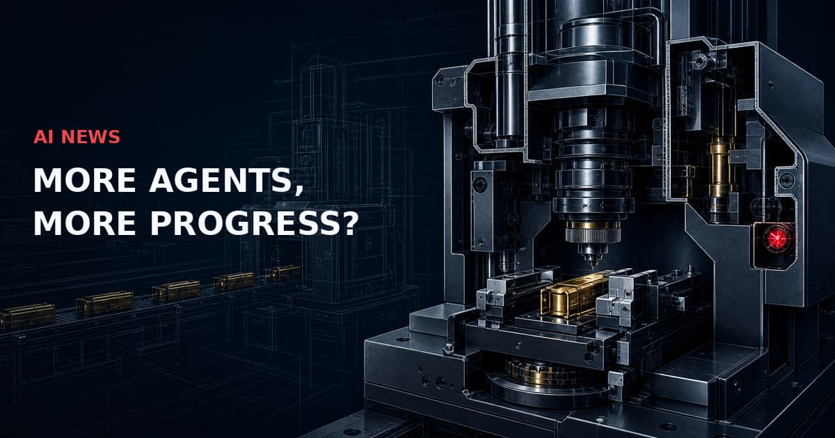 Dark technical illustration of gold experiment cartridges entering a detailed inspection fixture with a red interlock. Text: AI NEWS — MORE AGENTS, MORE PROGRESS?