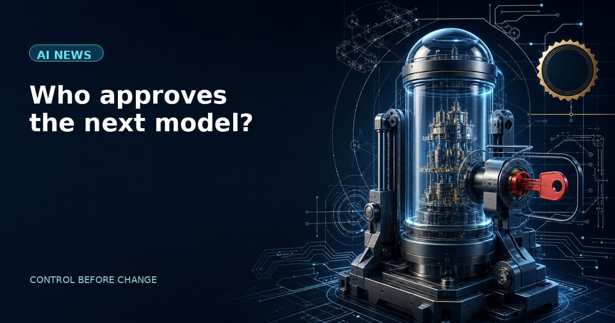 Editorial illustration of a guarded model-release capsule with a human approval key, representing controlled AI model changes.