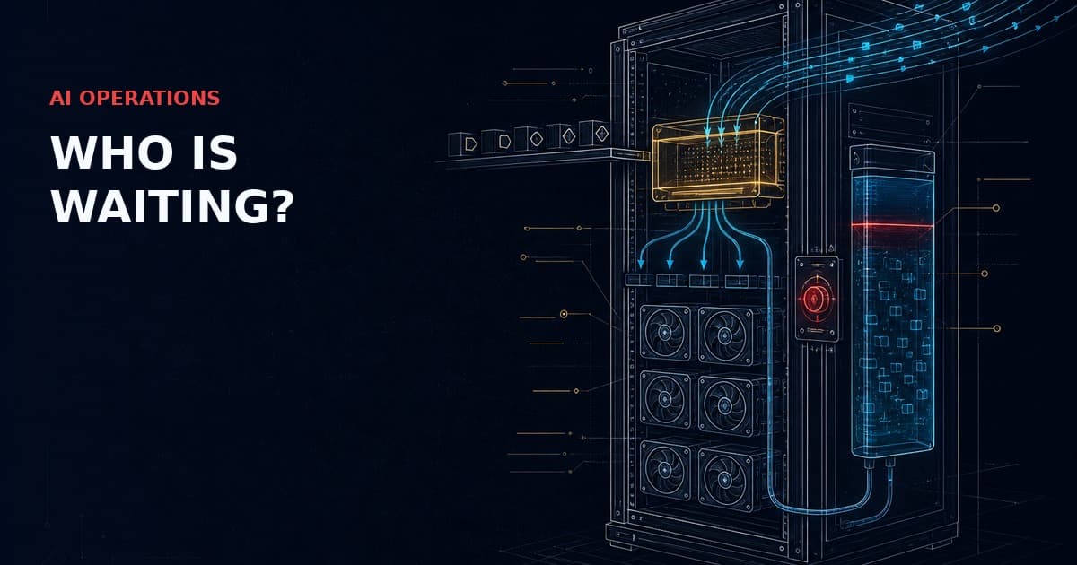 Dark technical illustration of a self-hosted LLM server with requests entering a gold prefill stage, a cyan KV-cache reservoir, and a red SLO control signal.