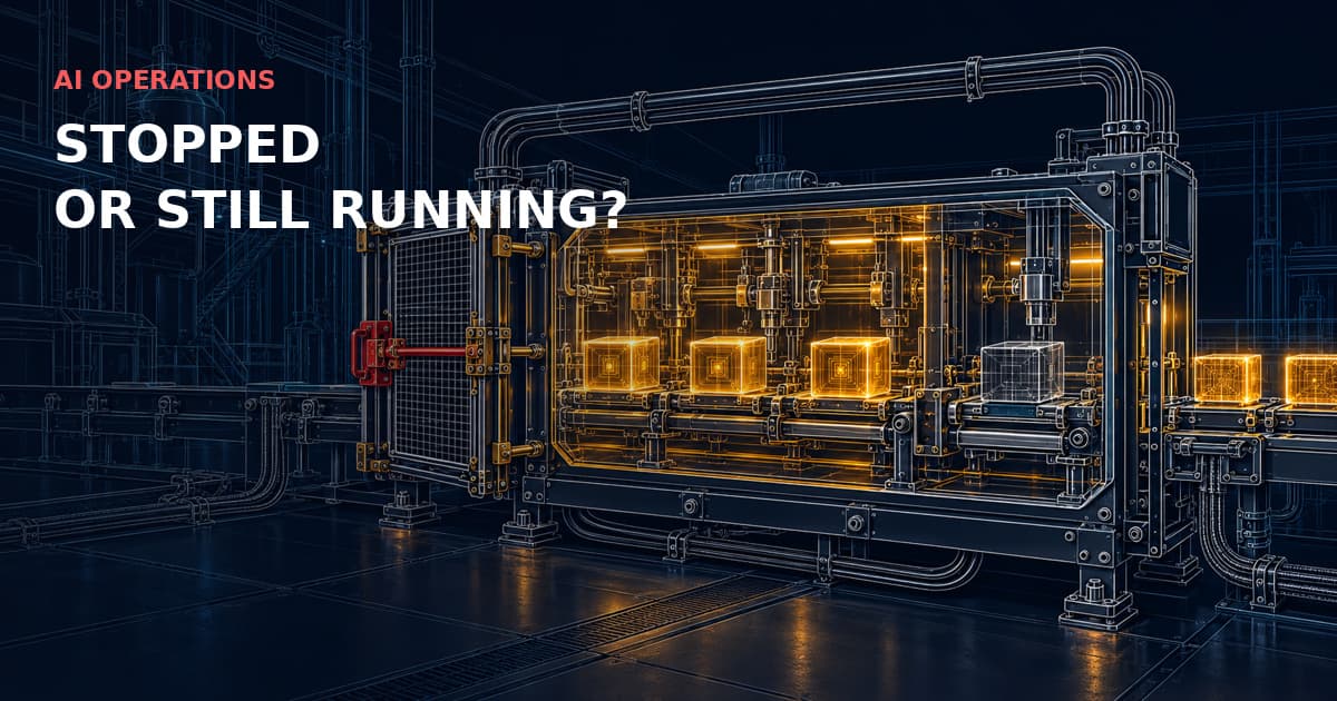 A red intake interlock closes a detailed industrial processing chamber while unfinished work remains inside. AI OPERATIONS — STOPPED OR STILL RUNNING?