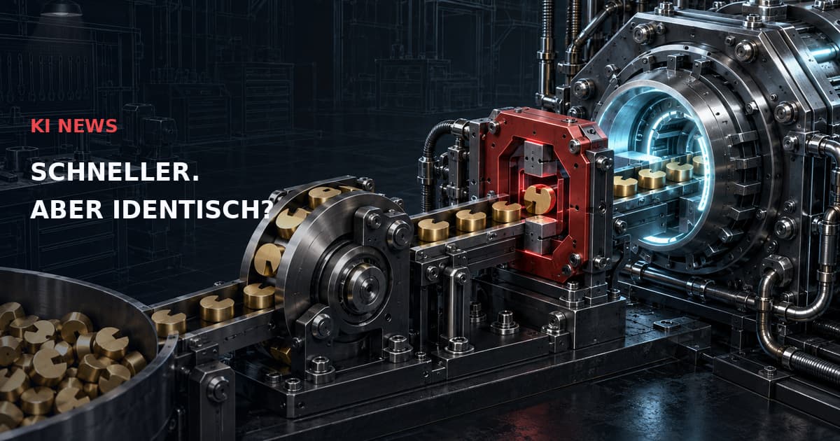 Dunkle technische Zuführrolle transportiert identische Messingteile durch eine rote Passprüfung in eine Maschine. Text: KI NEWS — SCHNELLER. ABER IDENTISCH?