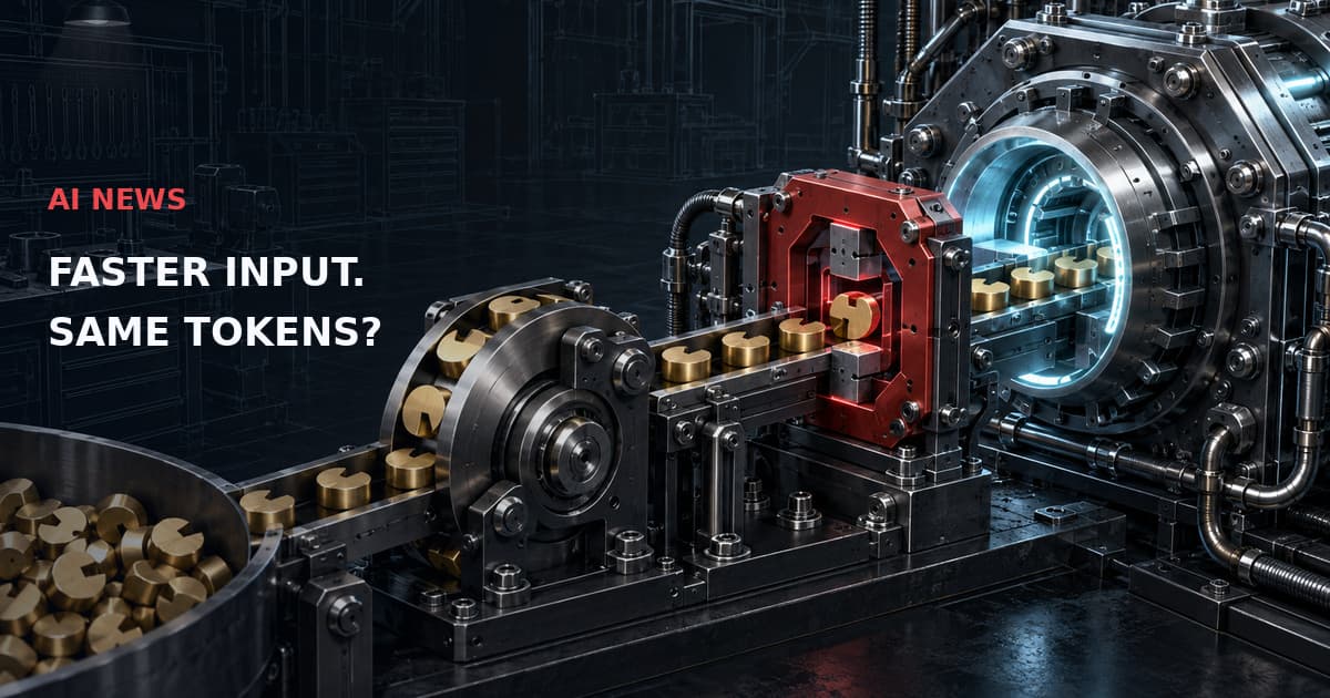 Dark technical feed roller sends identical brass pieces through a red compatibility gauge into an engine. Text: AI NEWS — FASTER INPUT. SAME TOKENS?