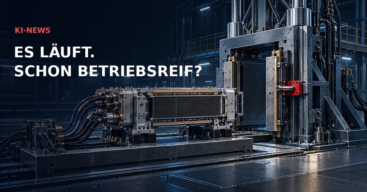 Eine detaillierte Beschleuniger-Prüfvorrichtung steht vor einer roten Produktionssperre. KI-NEWS — ES LÄUFT. SCHON BETRIEBSREIF?