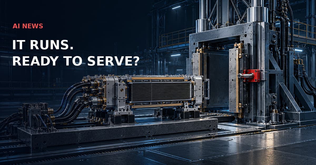 A detailed accelerator test fixture faces a closed red production interlock. AI NEWS — IT RUNS. READY TO SERVE?