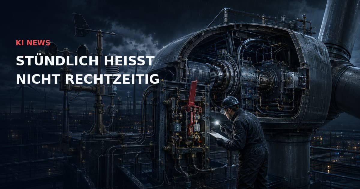 Dunkle technische Industrieillustration: Windmessgerät und aufgeschnittene Turbinengondel neben einem Ingenieur an einer roten Freigabeverriegelung. Text: KI NEWS — STÜNDLICH HEISST NICHT RECHTZEITIG.