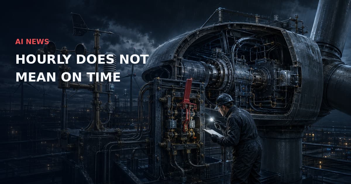 Dark industrial weather-to-energy illustration: an anemometer and turbine cutaway beside an engineer inspecting a red dispatch interlock. Text: AI NEWS — HOURLY DOES NOT MEAN ON TIME.