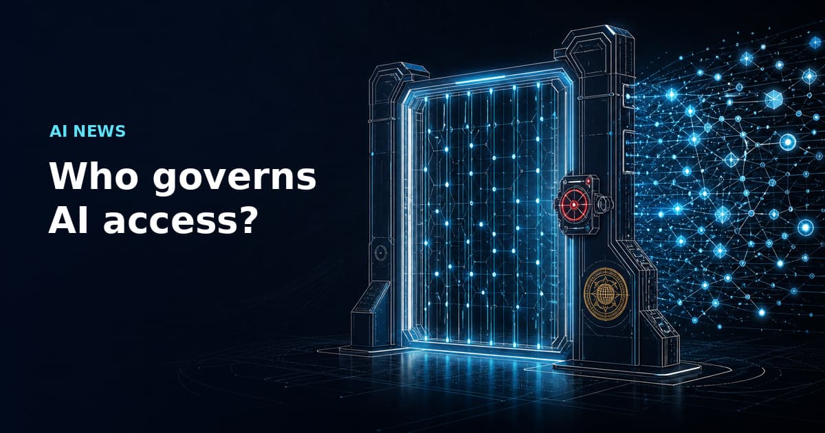Editorial illustration of a cyan enterprise access gate containing a model token stream, with manual approval and data-classification controls.