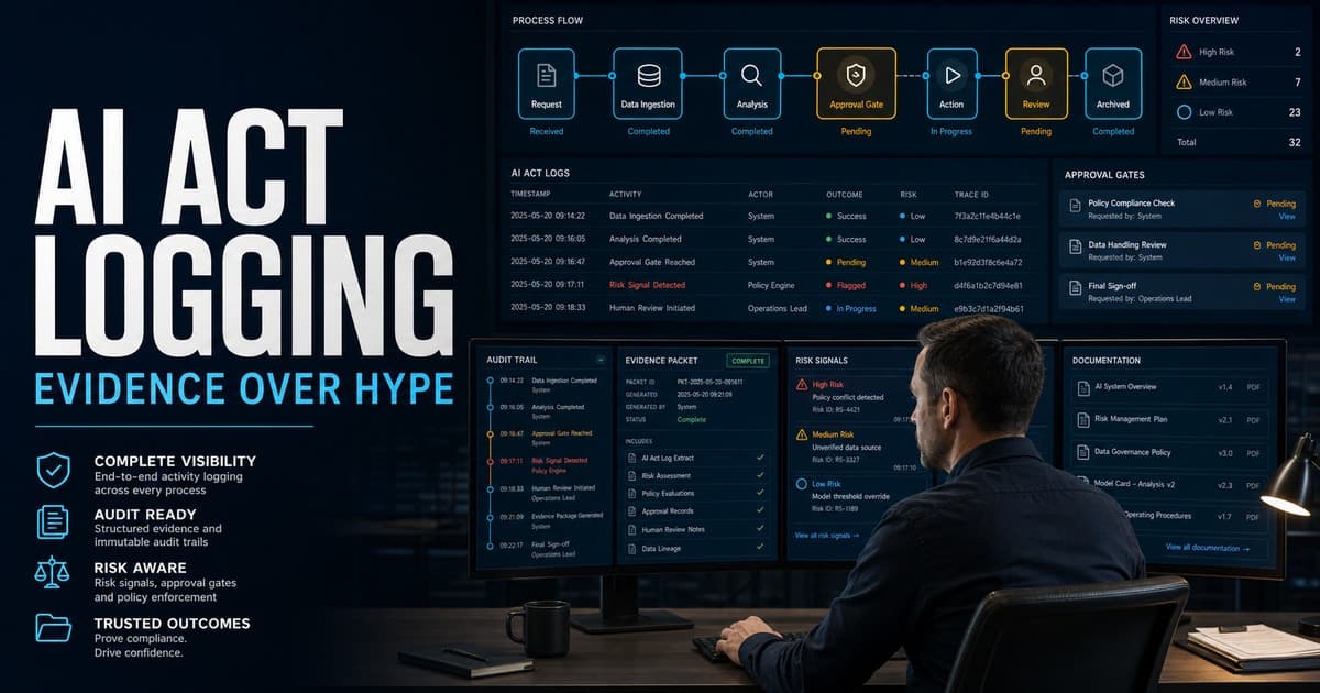 AI Act logging cover showing structured automation logs, evidence packets, documentation panels, approval gates, and risk markers for auditable B2B AI workflows