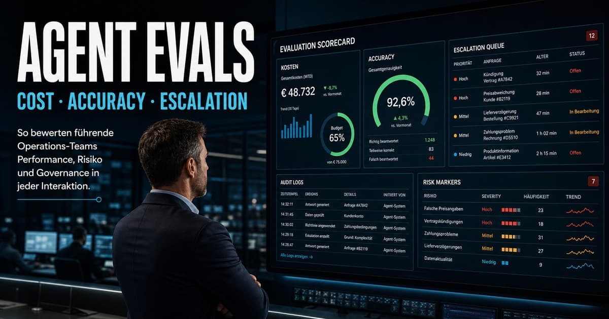 AI agent evaluation dashboard showing cost, accuracy, escalation rate, audit logs, and risk markers for production automation