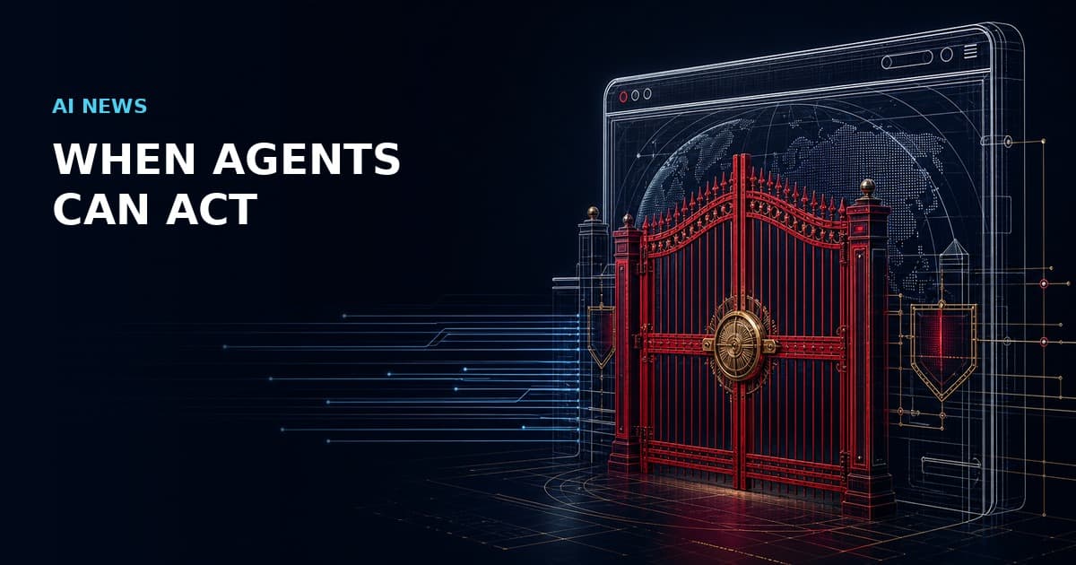 Editorial illustration of a browser gateway held behind a red control gate, representing controlled browser agents.