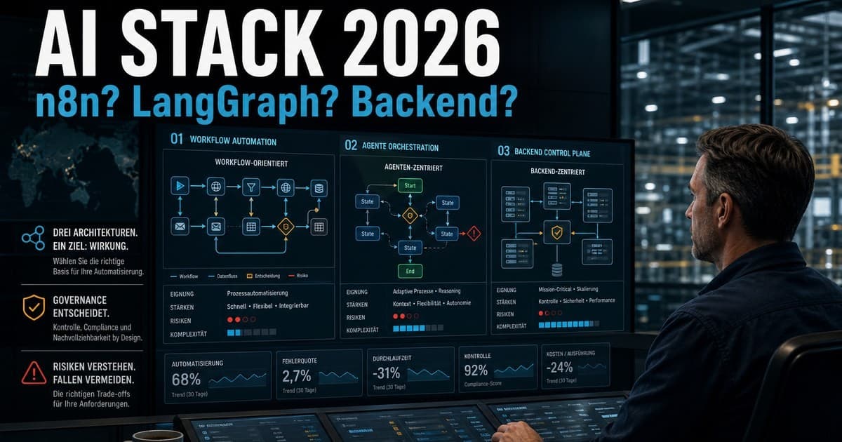 AI STACK 2026 dashboard comparing n8n, LangGraph, and backend control planes for production AI automation