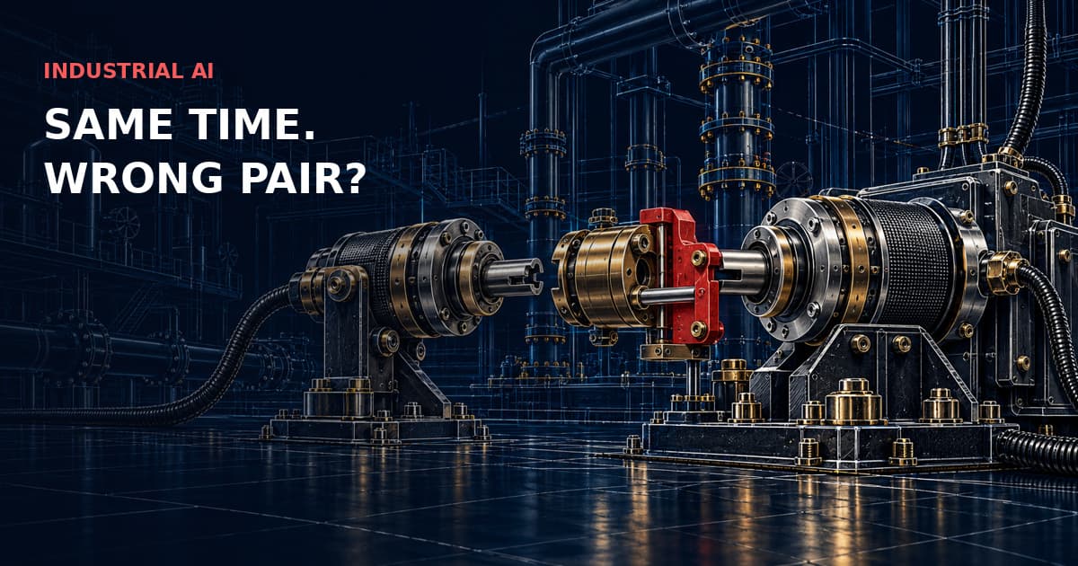 Two industrial timing shafts approach a coupling blocked by a red interlock. INDUSTRIAL AI — SAME TIME. WRONG PAIR?