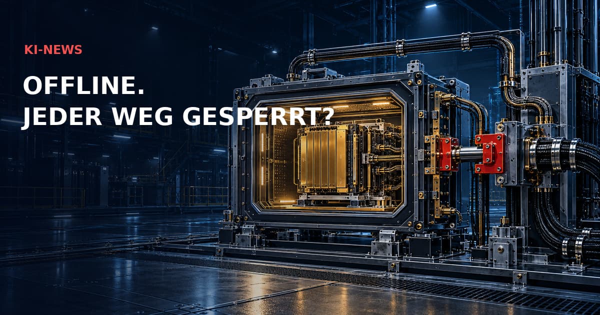 Ein detailliertes Rechenmodul in einer verschachtelten Schutzkammer mit roter Sperre und zusätzlicher Dienstleitung veranschaulicht indirekte Netzwerkpfade. KI-NEWS — OFFLINE. JEDER WEG GESPERRT?