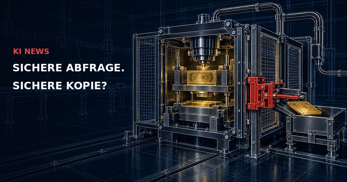 Dunkle industrielle Kopierpresse mit geschützter goldener Originalplatte, roter Exportverriegelung und zweiter Goldplatte in einer äußeren Ablage. Text: KI NEWS — SICHERE ABFRAGE. SICHERE KOPIE?