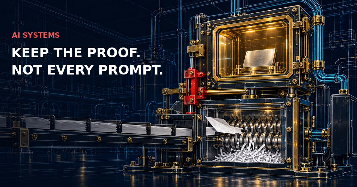 A detailed industrial proof vault above a separate paper shredder with a red interlock illustrates distinct evidence and payload lifetimes. AI SYSTEMS — KEEP THE PROOF. NOT EVERY PROMPT.